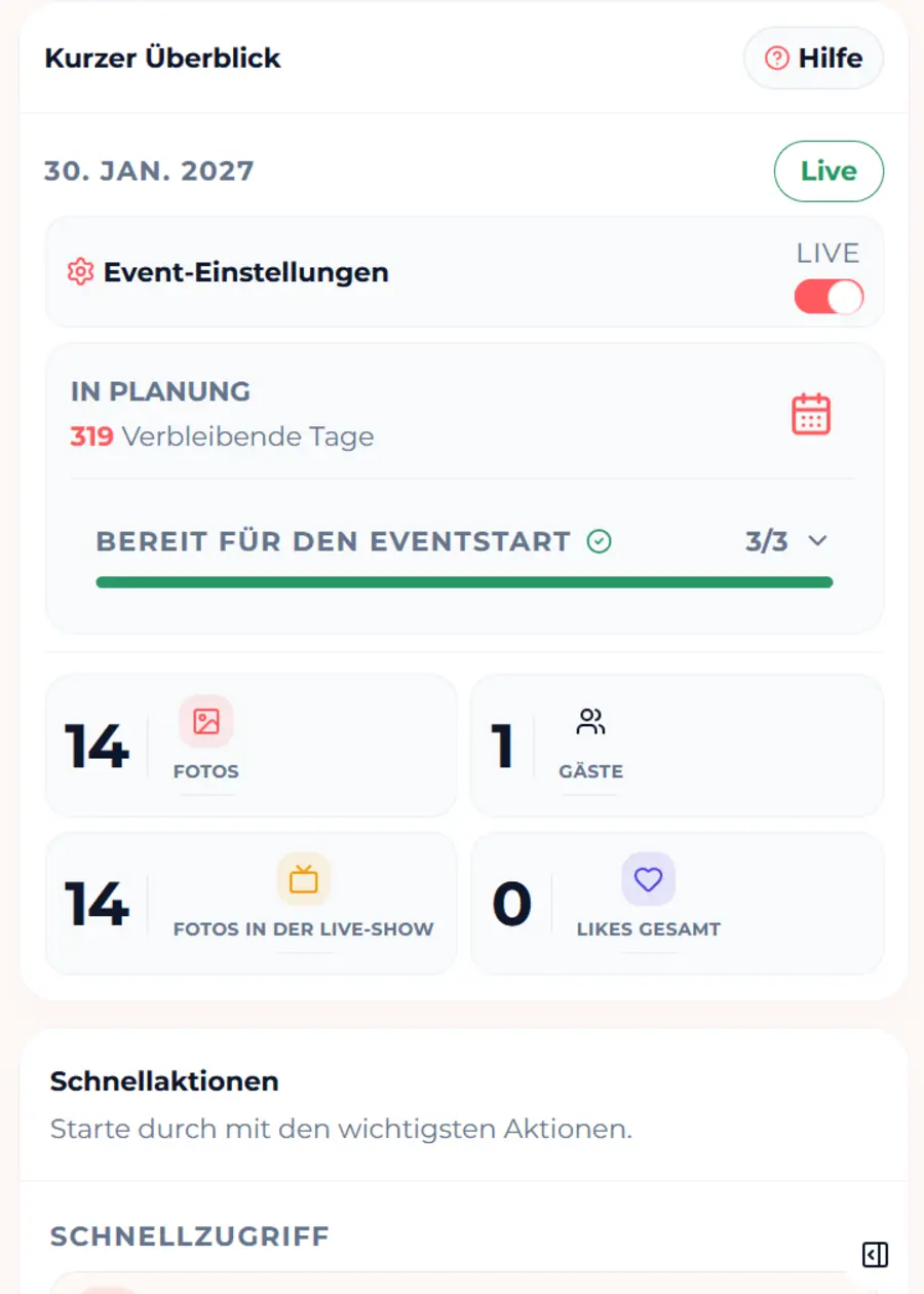 Startpunkt zum Einrichten eines Event-Pakets
